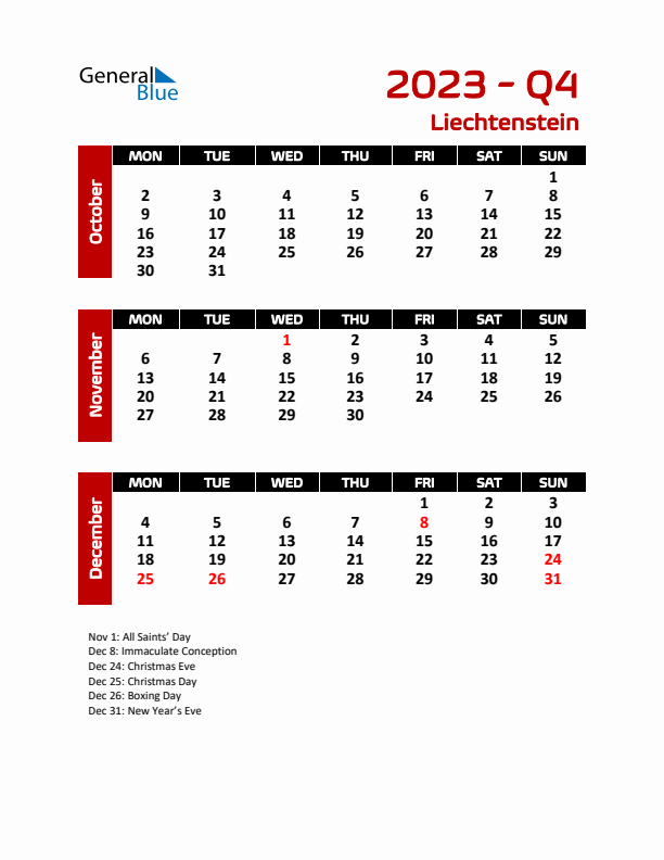 Q4 2023 Calendar with Holidays in Liechtenstein