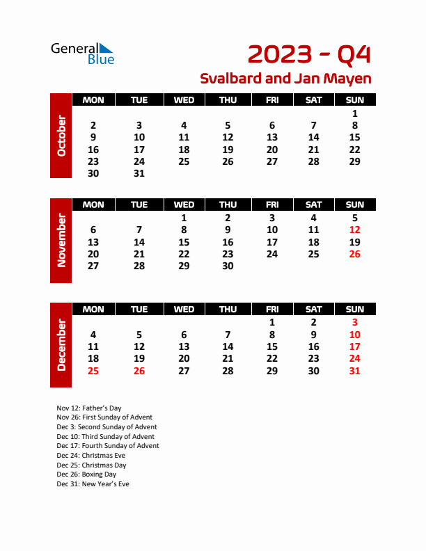 Q4 2023 Calendar with Holidays in Svalbard and Jan Mayen