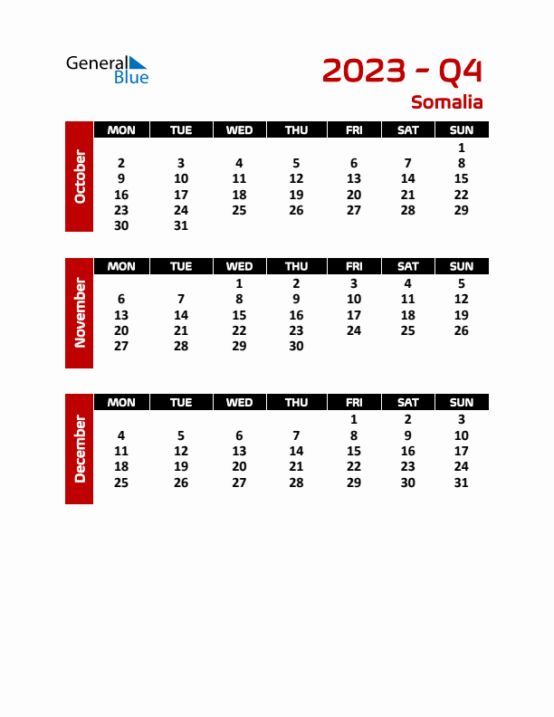 Q4 2023 Calendar with Holidays in Somalia