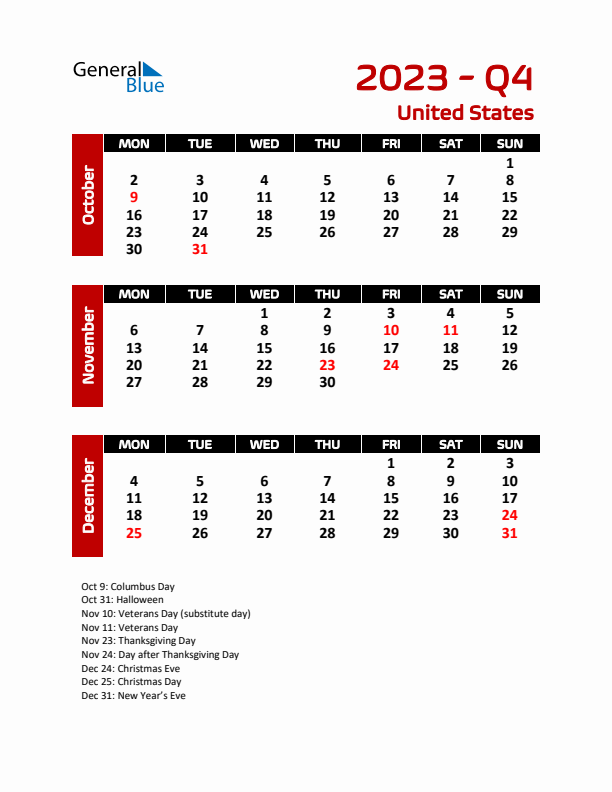 Q4 2023 Calendar with Holidays in United States