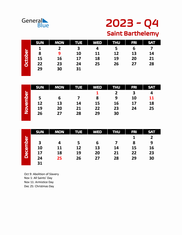 Q4 2023 Calendar with Holidays in Saint Barthelemy