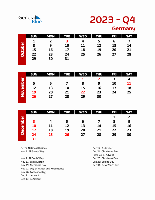 Q4 2023 Calendar with Holidays in Germany