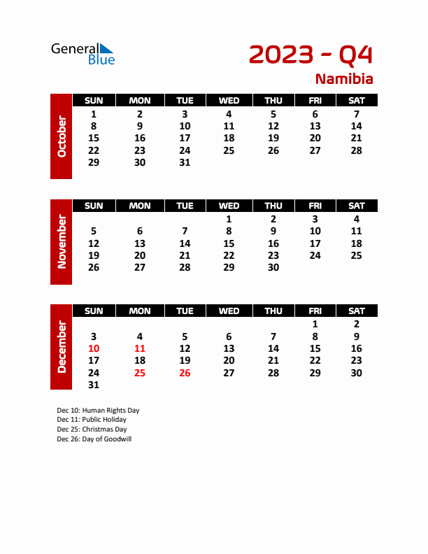 Q4 2023 Calendar with Holidays in Namibia