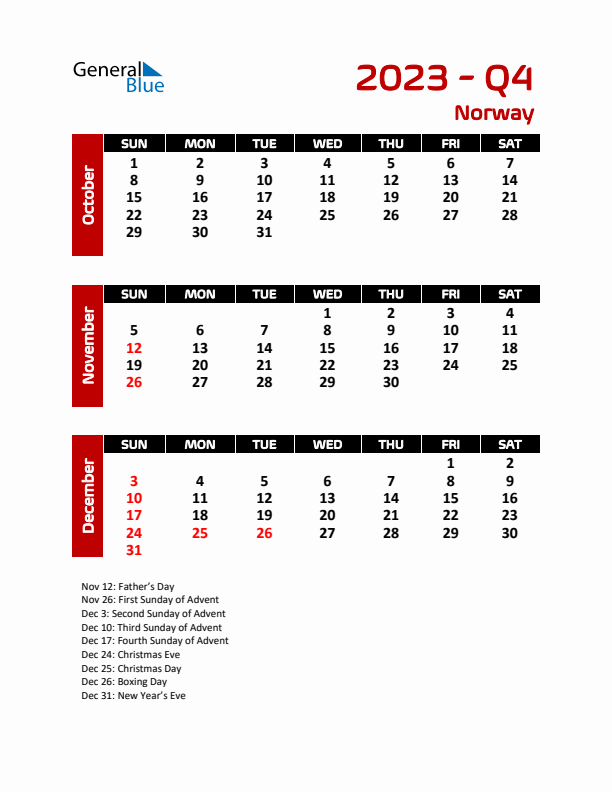 Q4 2023 Calendar with Holidays in Norway