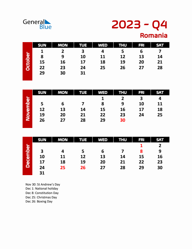 Q4 2023 Calendar with Holidays in Romania