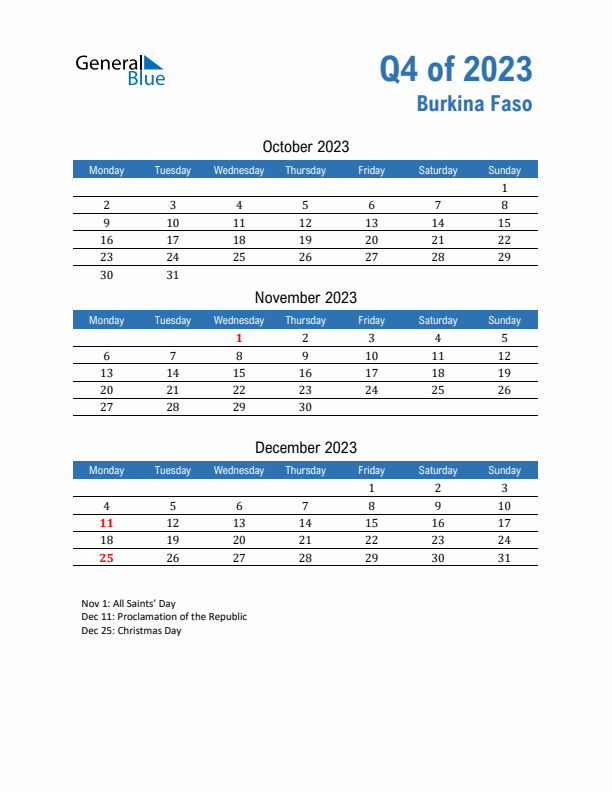 Burkina Faso Q4 2023 Quarterly Calendar with Monday Start