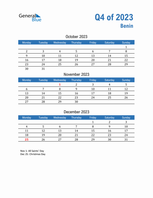 Benin Q4 2023 Quarterly Calendar with Monday Start