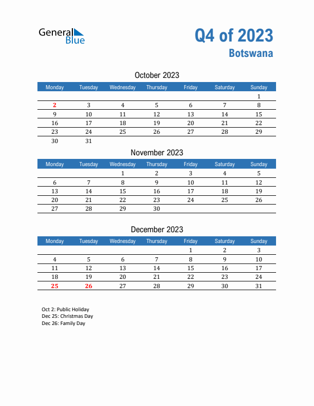 Botswana Q4 2023 Quarterly Calendar with Monday Start