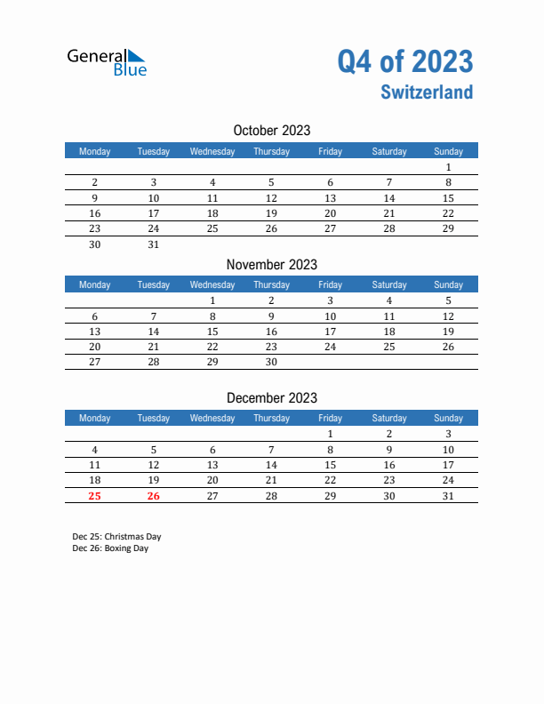 Switzerland Q4 2023 Quarterly Calendar with Monday Start