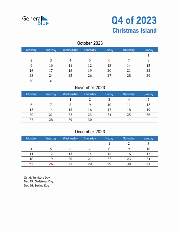 Christmas Island Q4 2023 Quarterly Calendar with Monday Start