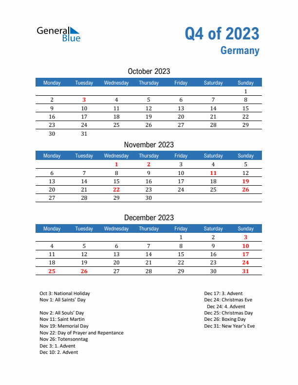 Germany Q4 2023 Quarterly Calendar with Monday Start