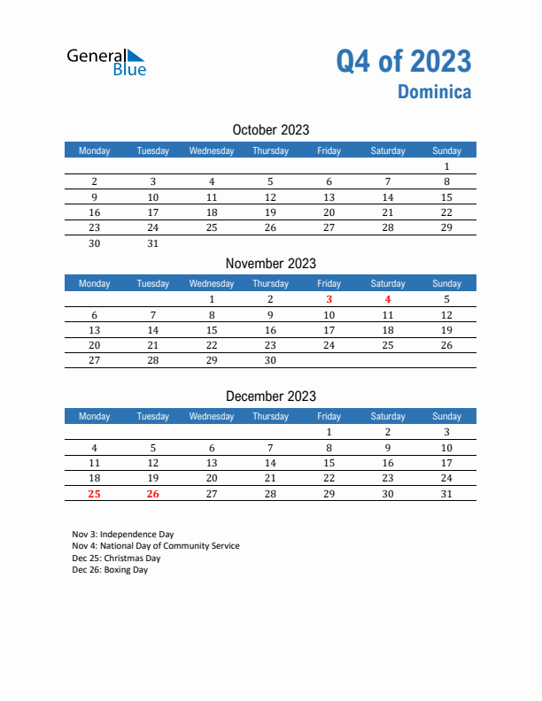 Dominica Q4 2023 Quarterly Calendar with Monday Start