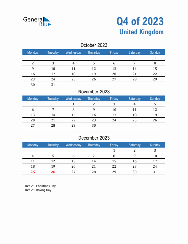 United Kingdom Q4 2023 Quarterly Calendar with Monday Start