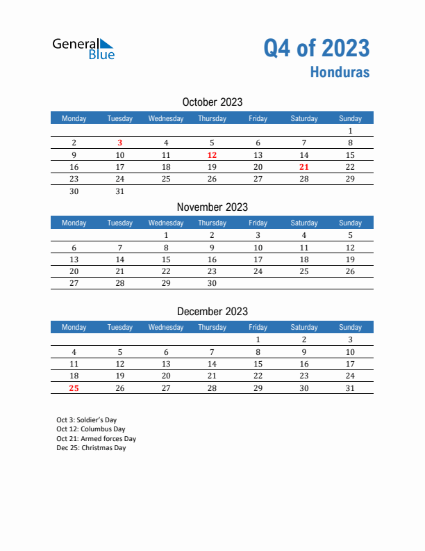 Honduras Q4 2023 Quarterly Calendar with Monday Start