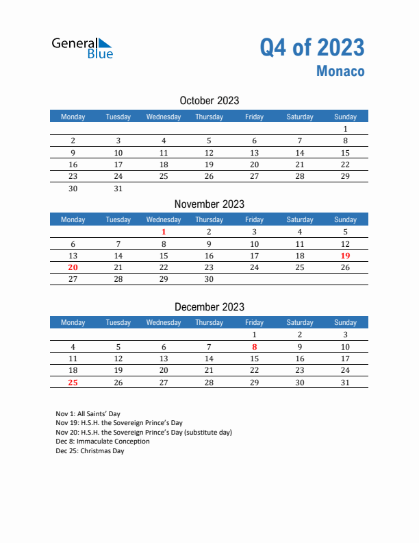 Monaco Q4 2023 Quarterly Calendar with Monday Start