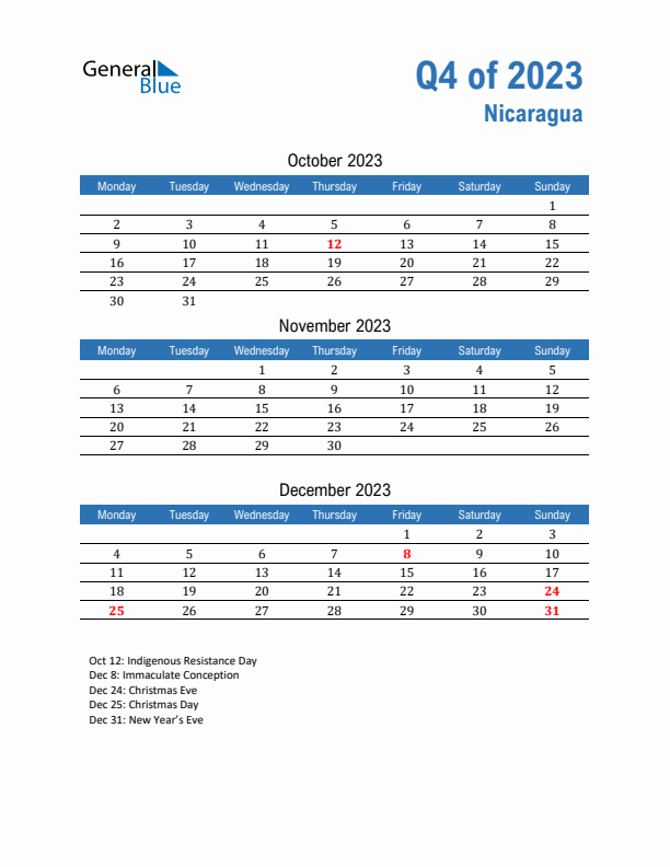 Nicaragua Q4 2023 Quarterly Calendar with Monday Start