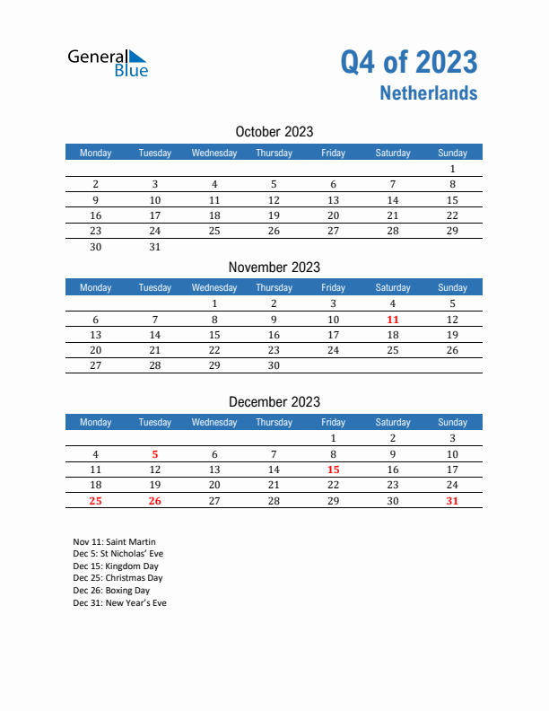 The Netherlands Q4 2023 Quarterly Calendar with Monday Start