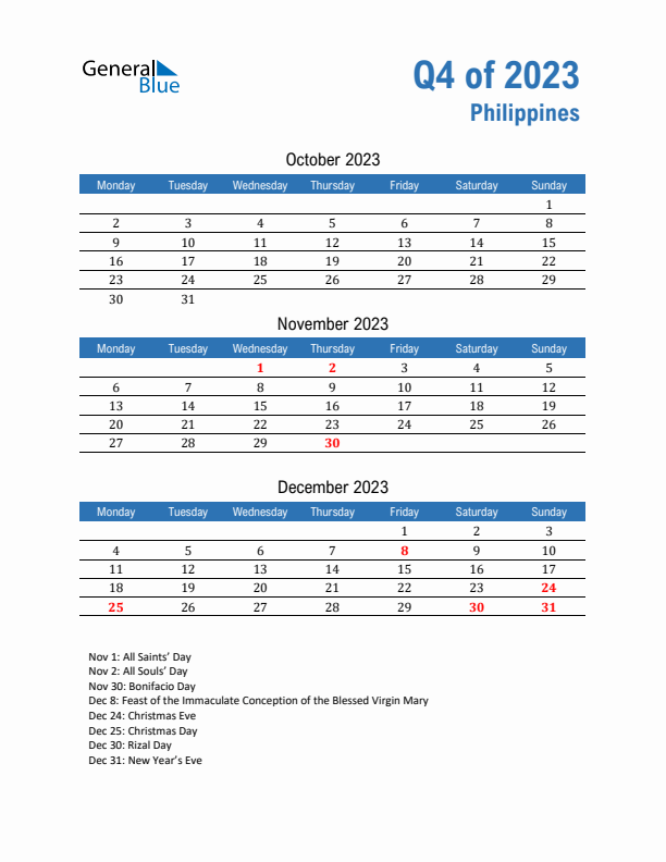 Philippines Q4 2023 Quarterly Calendar with Monday Start