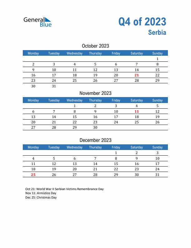 Serbia Q4 2023 Quarterly Calendar with Monday Start