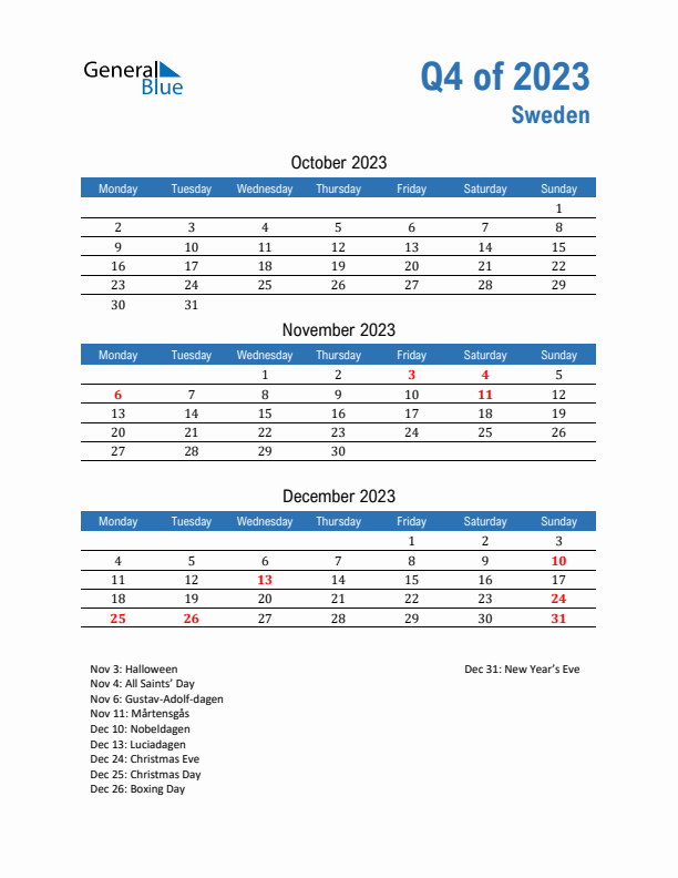 Sweden Q4 2023 Quarterly Calendar with Monday Start