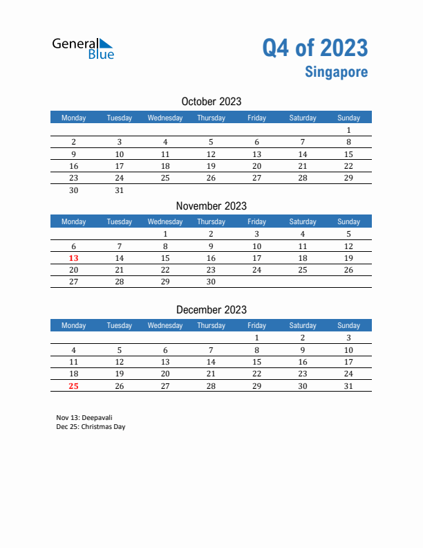 Singapore Q4 2023 Quarterly Calendar with Monday Start