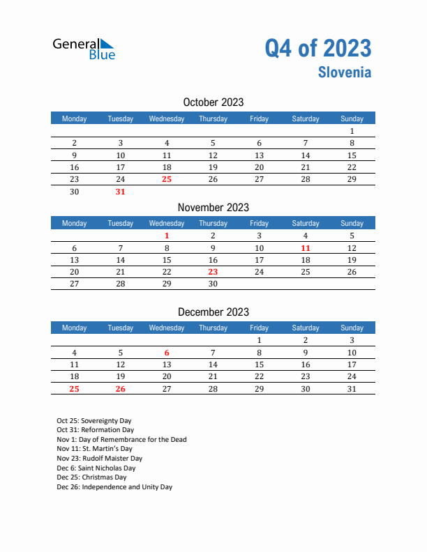 Slovenia Q4 2023 Quarterly Calendar with Monday Start