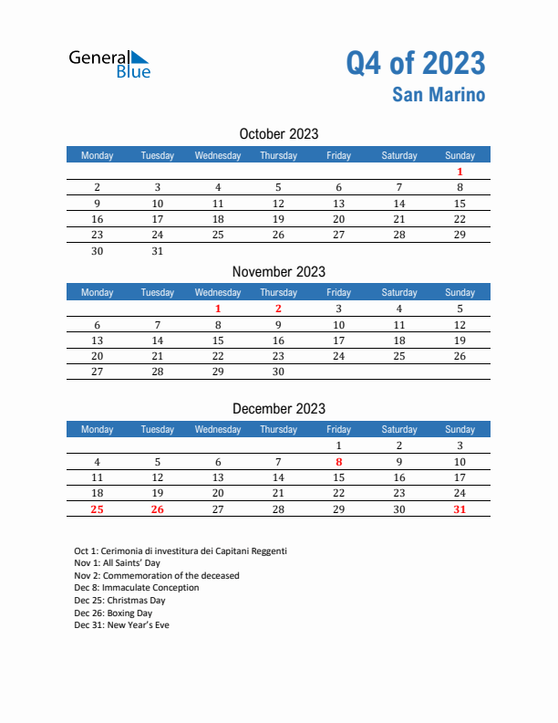 San Marino Q4 2023 Quarterly Calendar with Monday Start