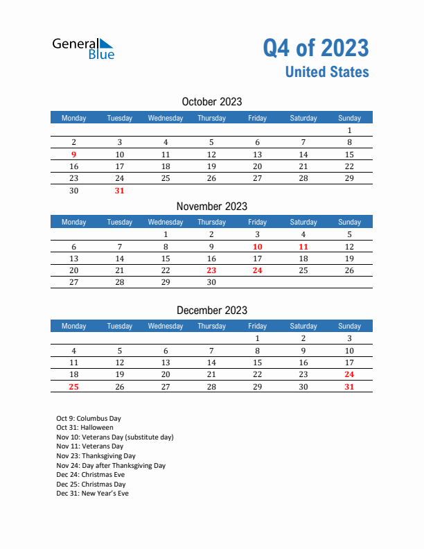 United States Q4 2023 Quarterly Calendar with Monday Start