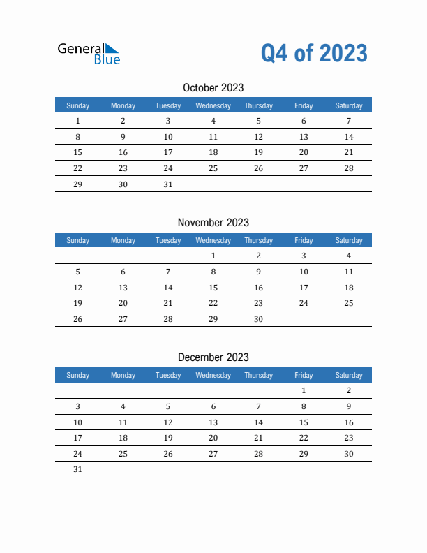 Fillable Quarterly Calendar for Q4 2023