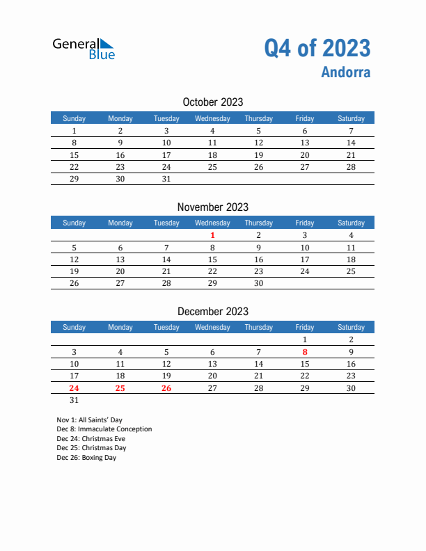 Andorra Q4 2023 Quarterly Calendar with Sunday Start