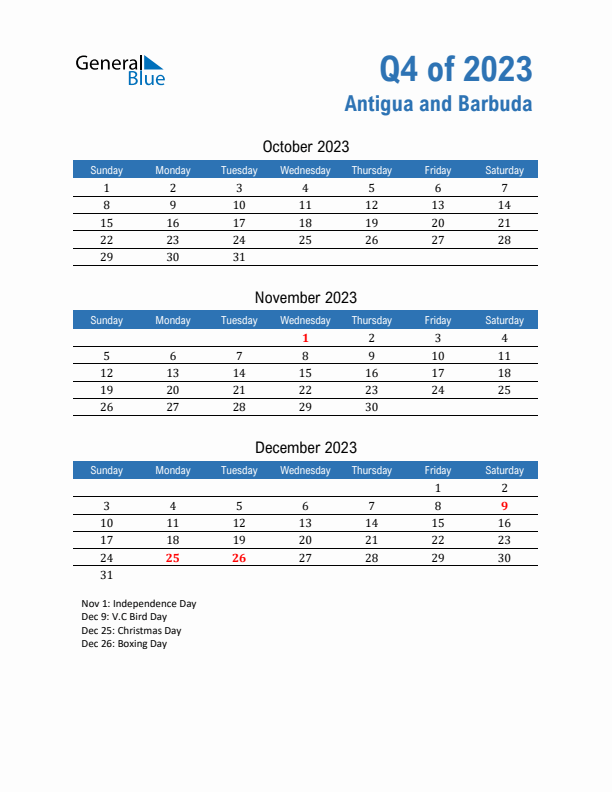 Antigua and Barbuda Q4 2023 Quarterly Calendar with Sunday Start