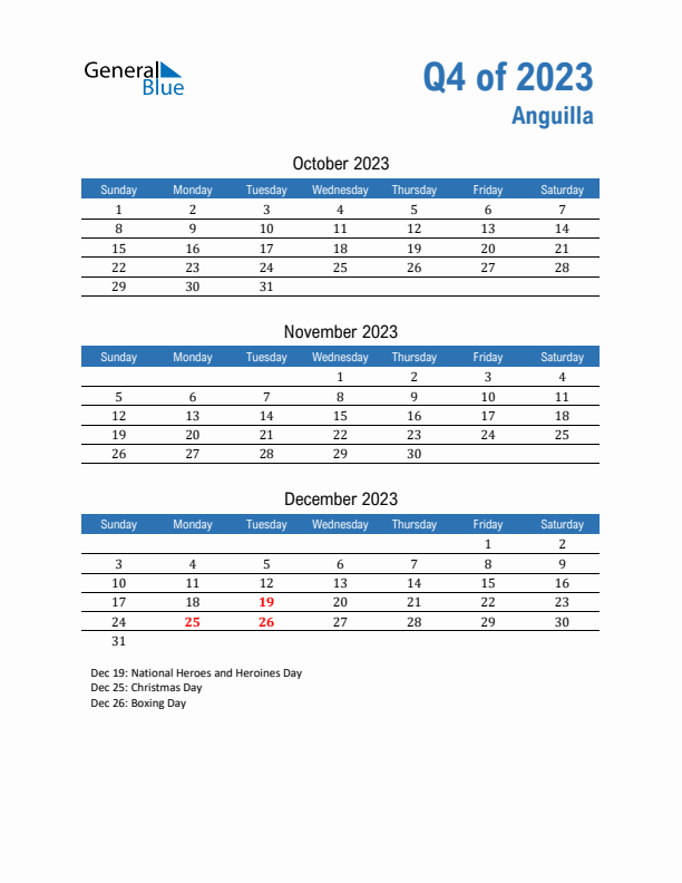 Anguilla Q4 2023 Quarterly Calendar with Sunday Start