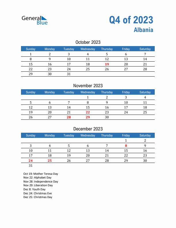 Albania Q4 2023 Quarterly Calendar with Sunday Start