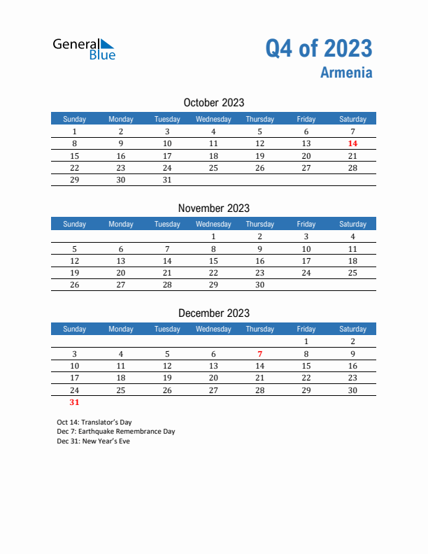 Armenia Q4 2023 Quarterly Calendar with Sunday Start