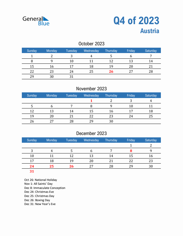 Austria Q4 2023 Quarterly Calendar with Sunday Start