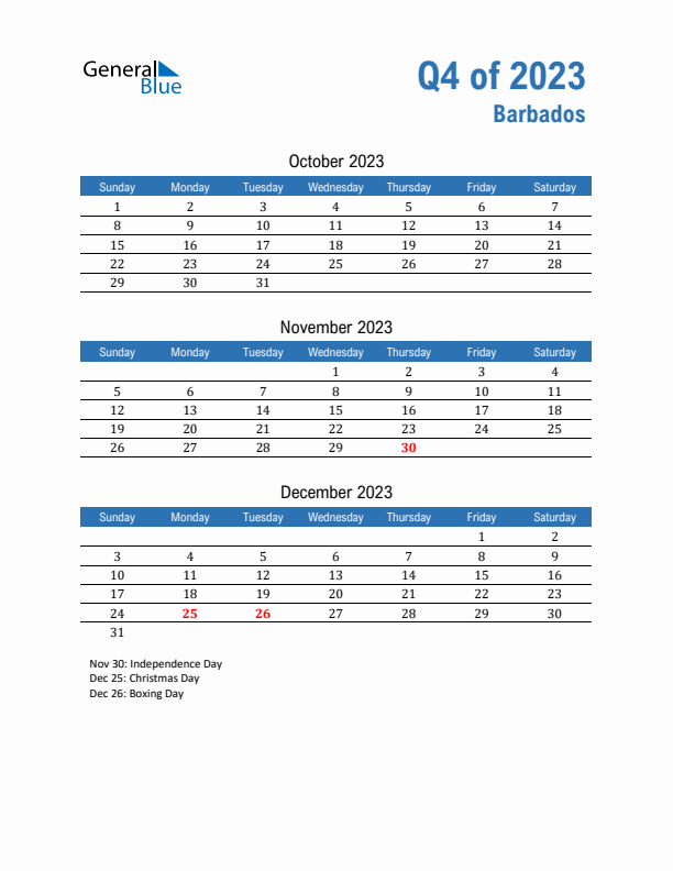 Barbados Q4 2023 Quarterly Calendar with Sunday Start