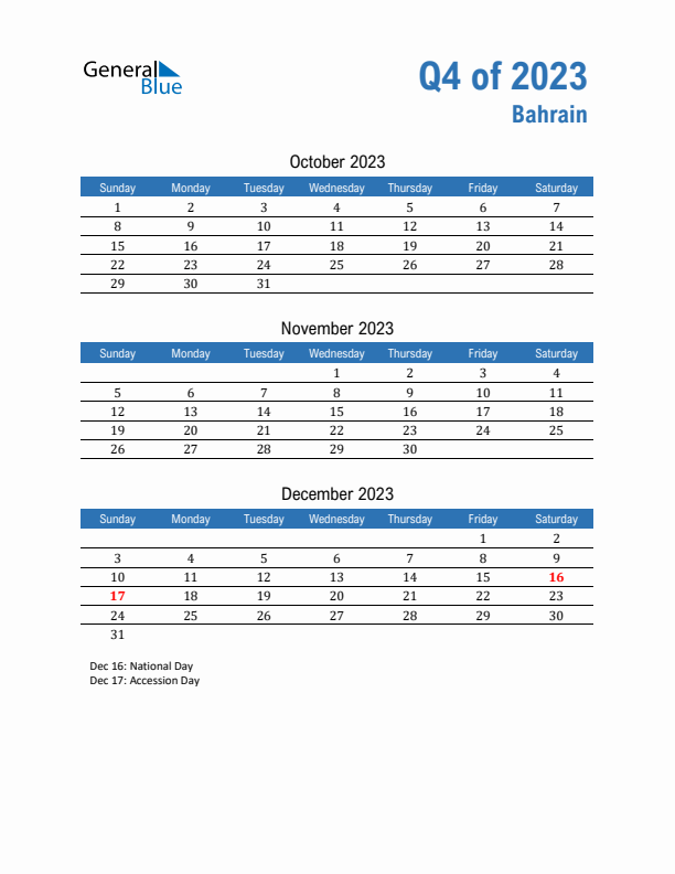 Bahrain Q4 2023 Quarterly Calendar with Sunday Start