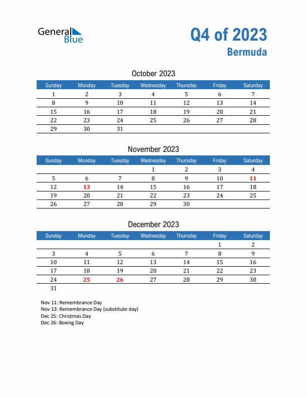 Bermuda Q4 2023 Quarterly Calendar with Sunday Start