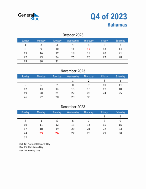 Bahamas Q4 2023 Quarterly Calendar with Sunday Start