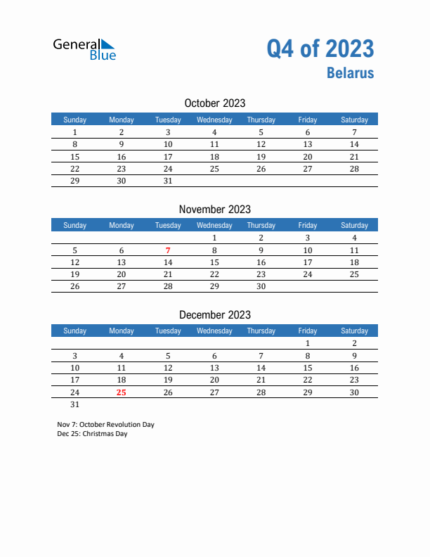 Belarus Q4 2023 Quarterly Calendar with Sunday Start