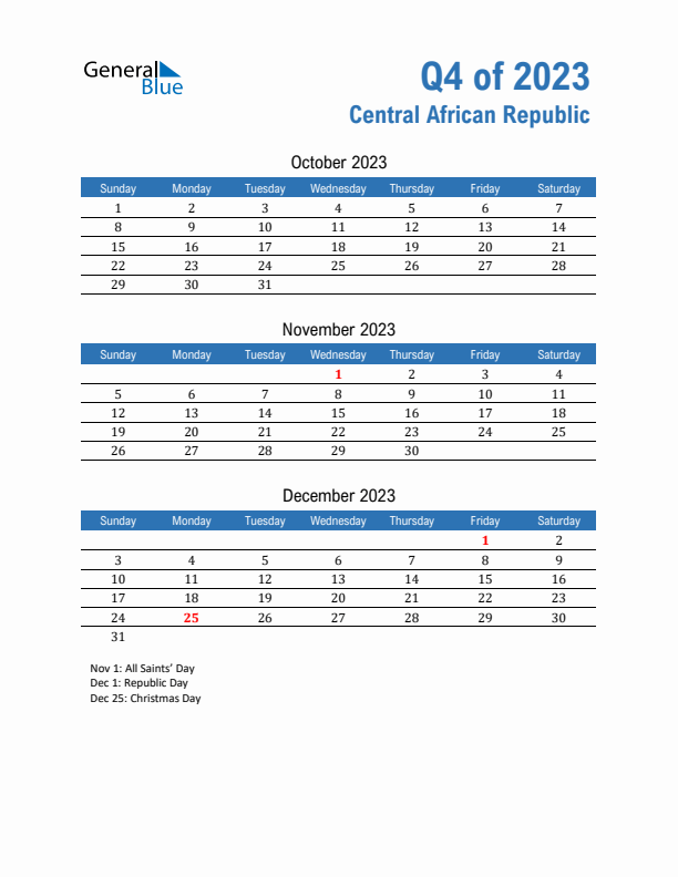 Central African Republic Q4 2023 Quarterly Calendar with Sunday Start