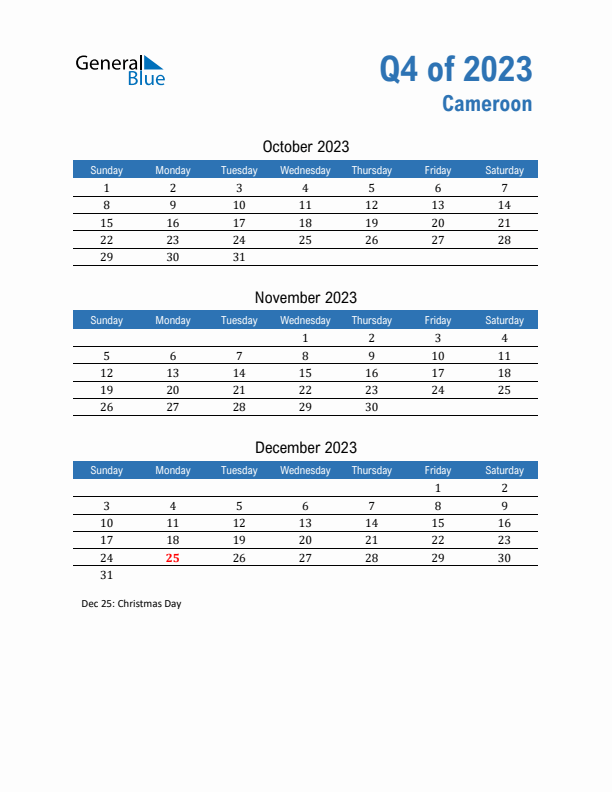 Cameroon Q4 2023 Quarterly Calendar with Sunday Start