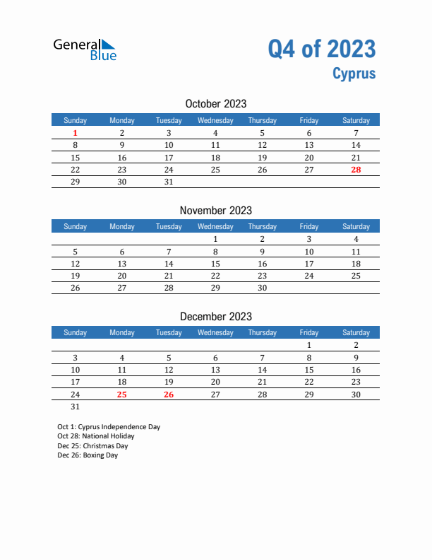 Cyprus Q4 2023 Quarterly Calendar with Sunday Start