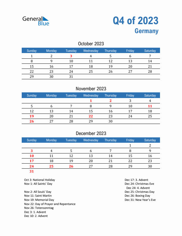 Germany Q4 2023 Quarterly Calendar with Sunday Start