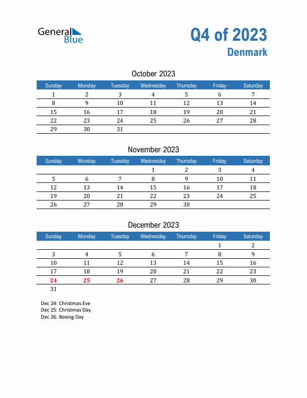 Denmark Q4 2023 Quarterly Calendar with Sunday Start