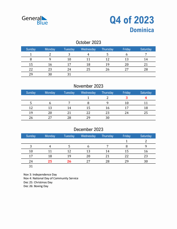 Dominica Q4 2023 Quarterly Calendar with Sunday Start