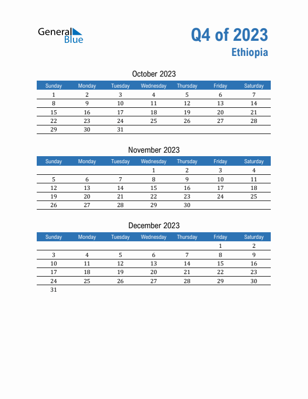 Ethiopia Q4 2023 Quarterly Calendar with Sunday Start