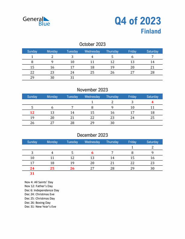 Finland Q4 2023 Quarterly Calendar with Sunday Start