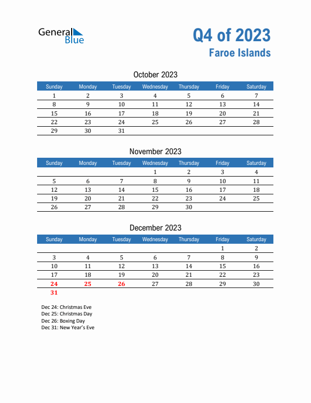 Faroe Islands Q4 2023 Quarterly Calendar with Sunday Start