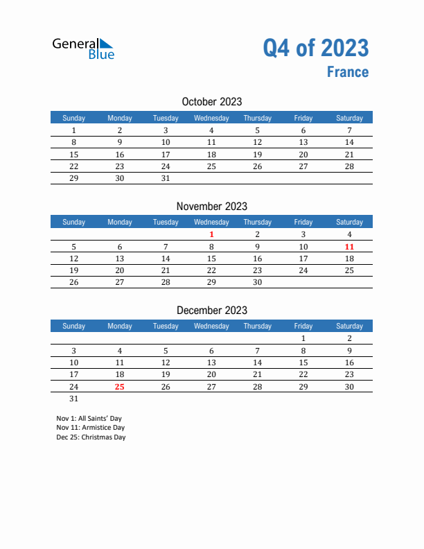 France Q4 2023 Quarterly Calendar with Sunday Start